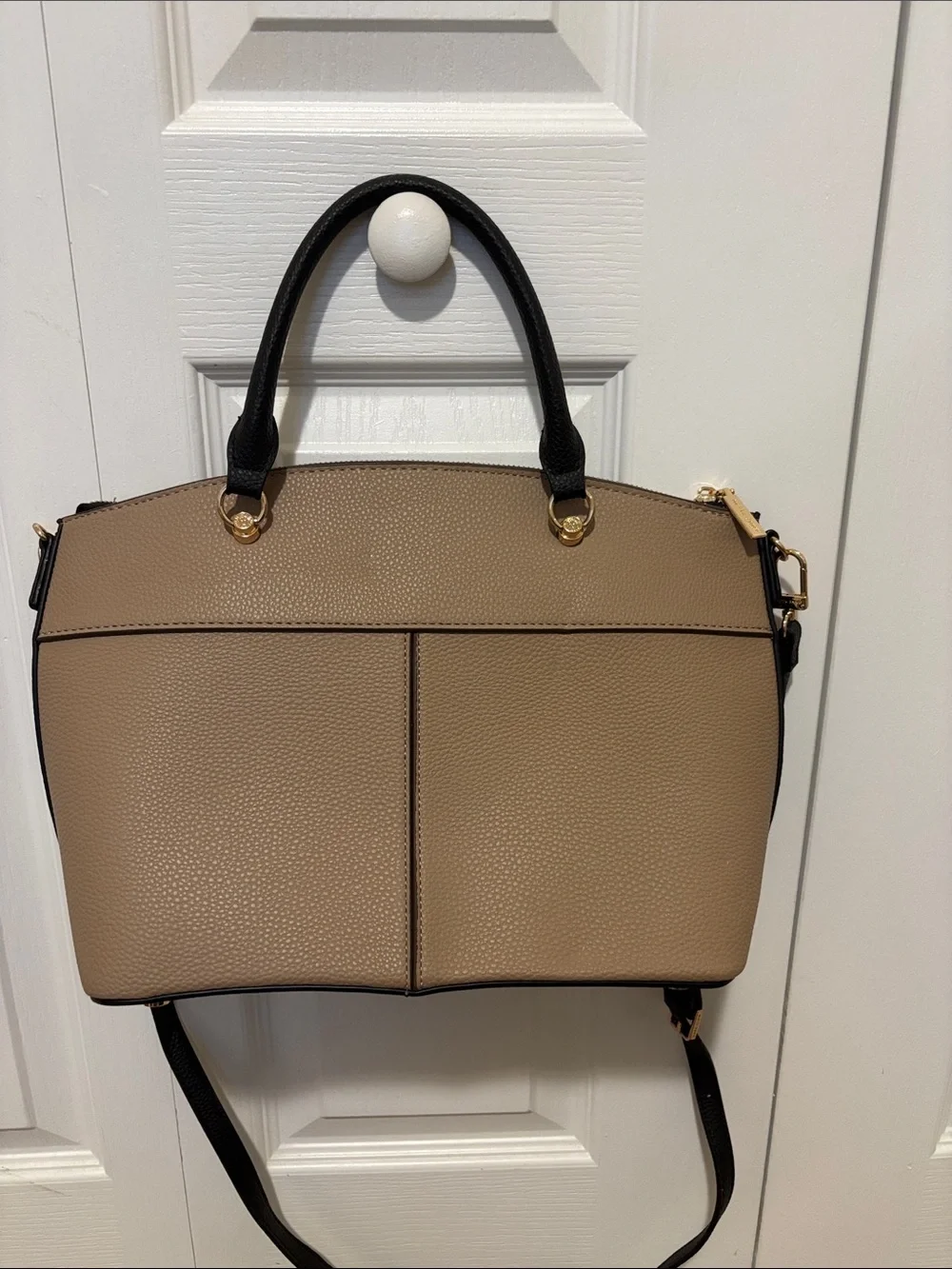 Anne Klein Beige Pebbled Satchel with Black Trim